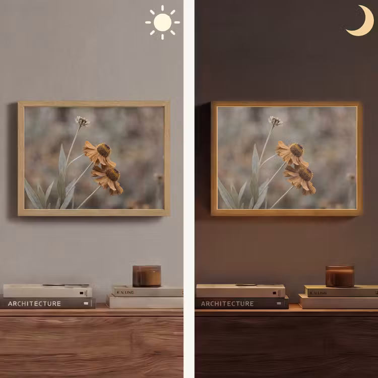 Zonnehoed - Droogbloemen - Geel - Warm Light Box met batterij (Wandlamp) middel -sfeer3