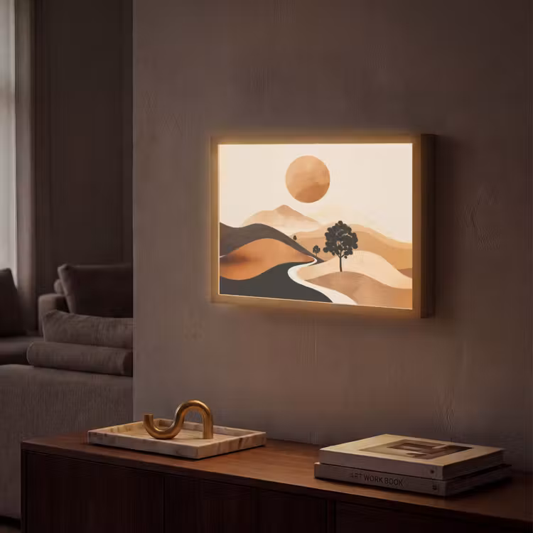 Zon - Heuvels - Boom - Abstract Light Box met batterij (Wandlamp) middel -sfeer1