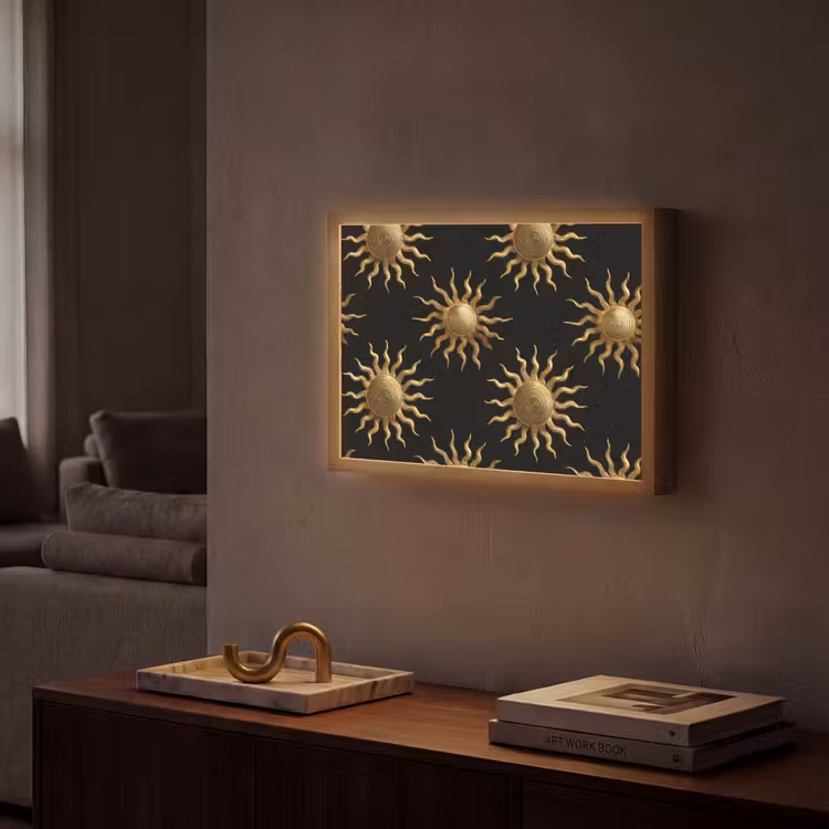 Zon - Patroon - Luxe - Goud - Zwart Light Box met batterij (Wandlamp) middel 907 -sfeer1
