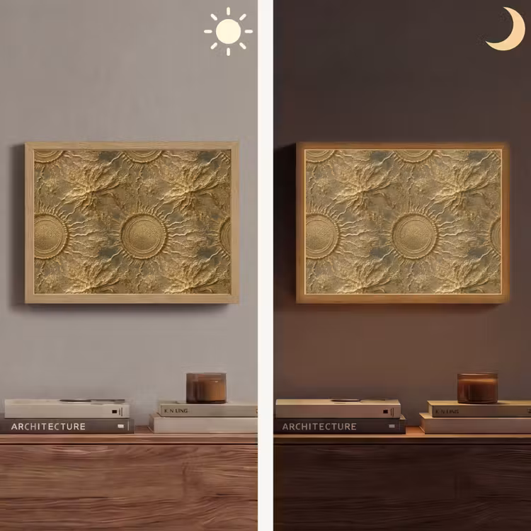 Zon - Reliëf - Antiek - Goud Light Box met batterij (Wandlamp) middel 907 -sfeer3
