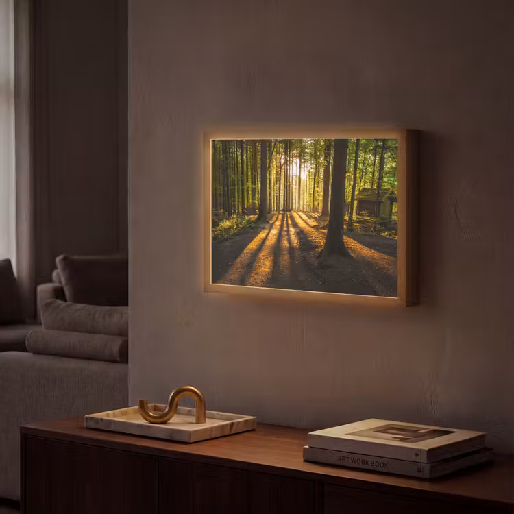 Zon - Bomen - Bos - Landschap - Natuur Light Box met batterij (Wandlamp) middel -sfeer1