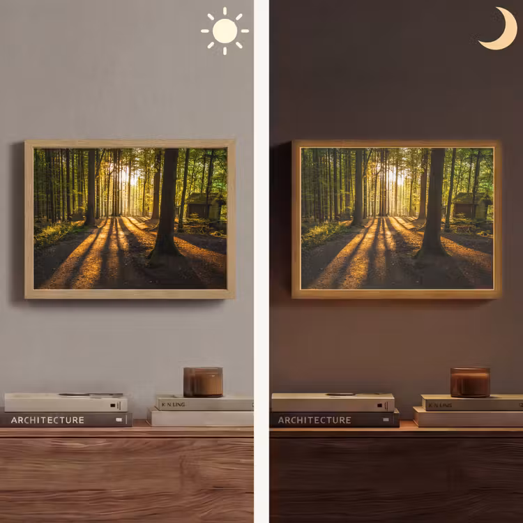 Zon - Bomen - Bos - Landschap - Natuur Light Box met batterij (Wandlamp) middel -sfeer3