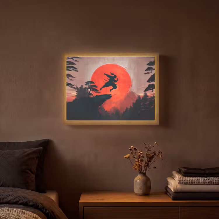Zon - Krijger - Bomen - Bergen Light Box met batterij (Wandlamp) middel -sfeer4