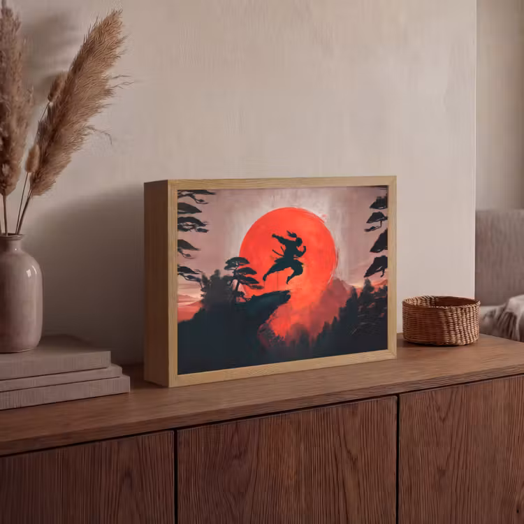 Zon - Krijger - Bomen - Bergen Light Box met batterij (Wandlamp) middel -sfeer2