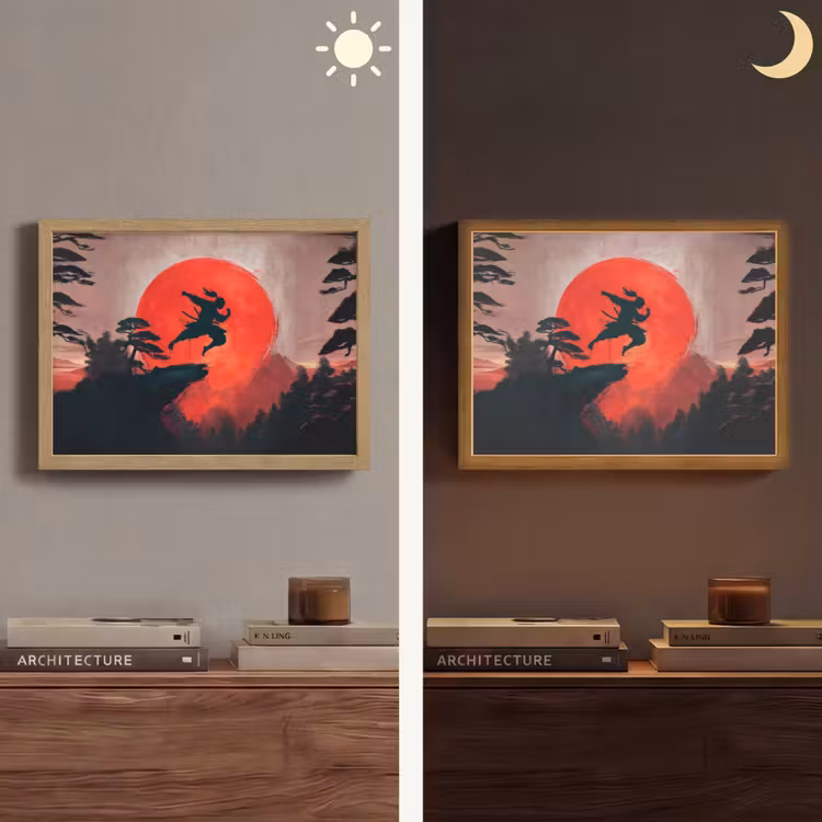 Zon - Krijger - Bomen - Bergen Light Box met batterij (Wandlamp) middel -sfeer3