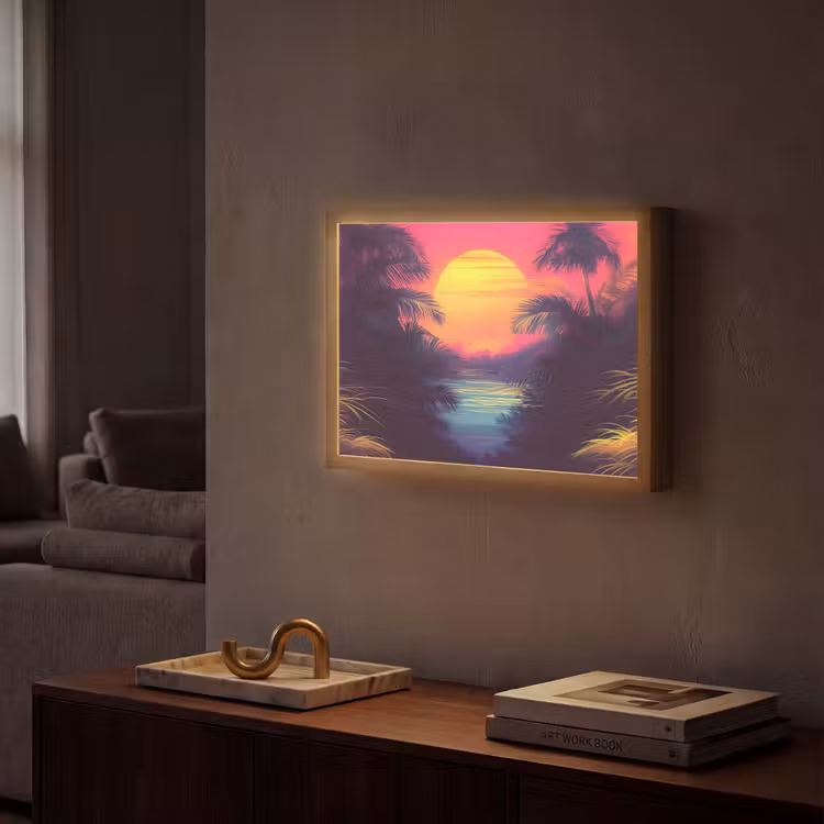 Zon - Geel - Palmbomen - Tropisch Light Box met batterij (Wandlamp) middel -sfeer1