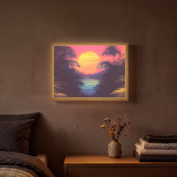 Zon - Geel - Palmbomen - Tropisch Light Box met batterij (Wandlamp) middel -sfeer4