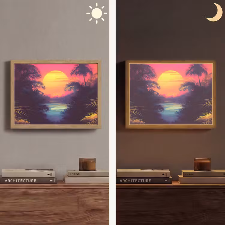 Zon - Geel - Palmbomen - Tropisch Light Box met batterij (Wandlamp) middel -sfeer3