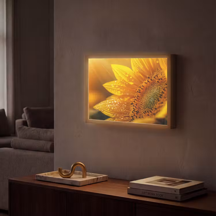 Zonnebloem - Dauwdruppels - Geel - Zonlicht Light Box met batterij (Wandlamp) middel -sfeer1