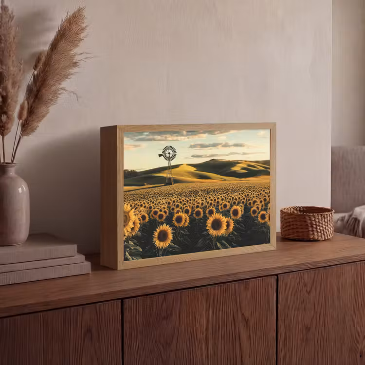 Zonnebloem - Veld - Windmolen Light Box met batterij (Wandlamp) middel -sfeer2
