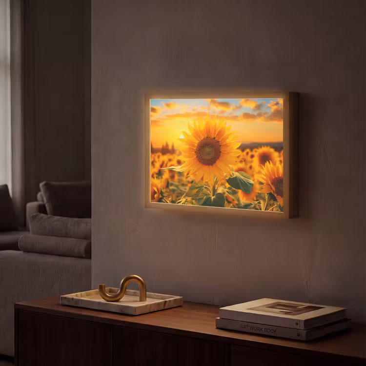 Zonnebloem - Bloemen - Geel - Bloemenveld met zonnebloemen Light Box met batterij (Wandlamp) middel -sfeer1