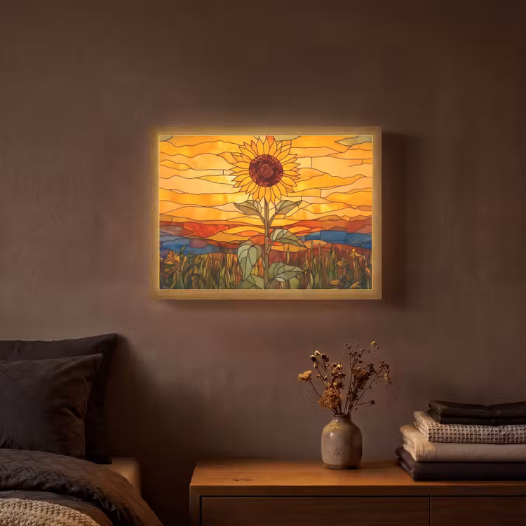 Zonnebloem - Mozaïek - Zonsondergang - Geel Light Box met batterij (Wandlamp) middel -sfeer4