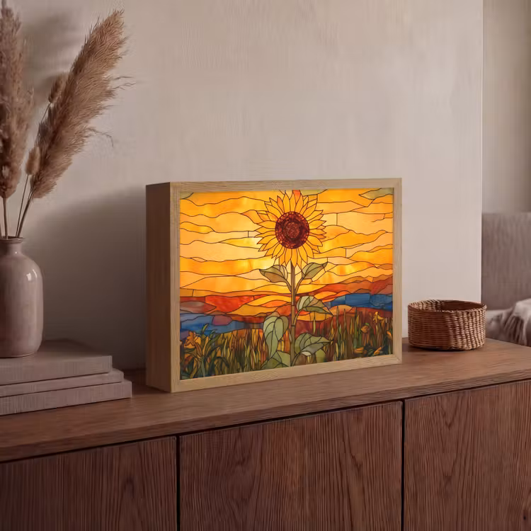 Zonnebloem - Mozaïek - Zonsondergang - Geel Light Box met batterij (Wandlamp) middel -sfeer2