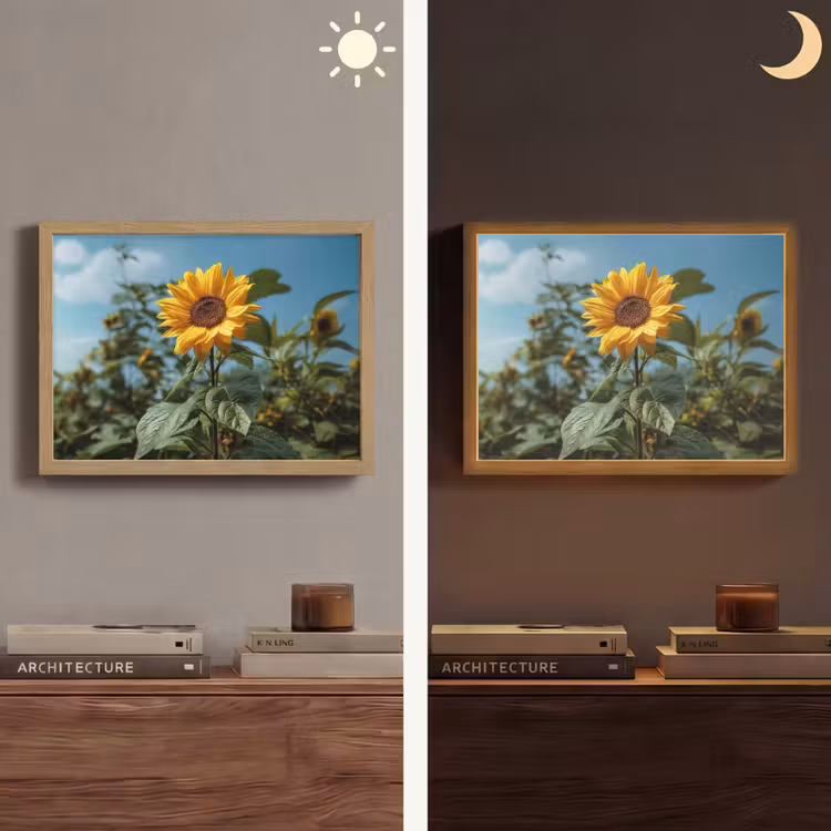 Zonnebloemen - Helderblauwer lucht - Gras Light Box met batterij (Wandlamp) middel -sfeer3