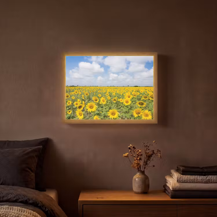 Zonnebloemen - Bloemen - Wolken - Natuur - Geel - Landschap Light Box met batterij (Wandlamp) middel -sfeer4