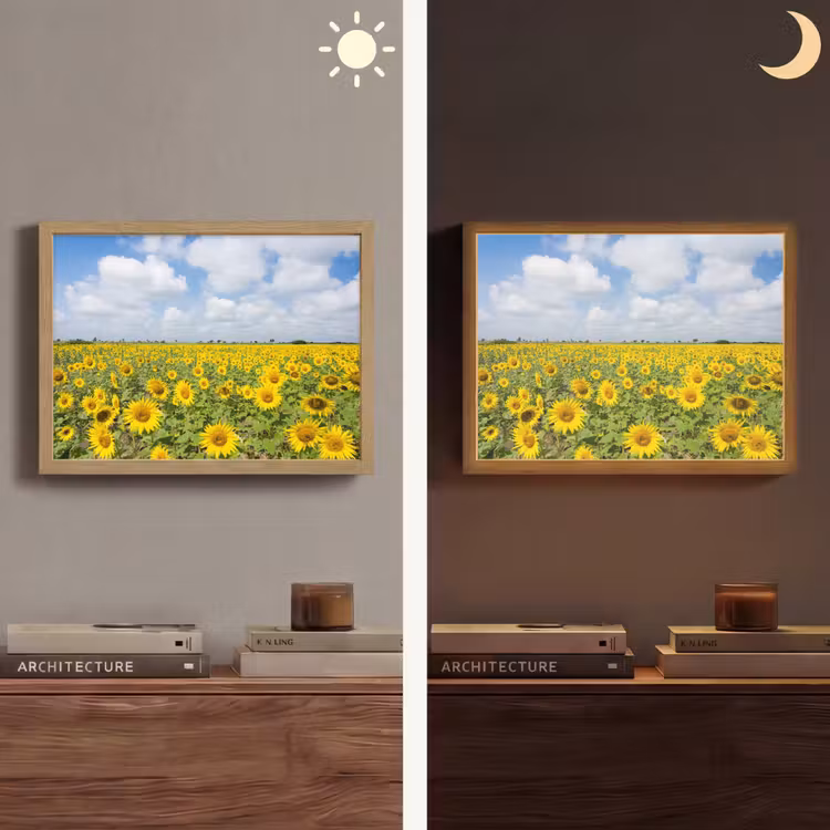 Zonnebloemen - Bloemen - Wolken - Natuur - Geel - Landschap Light Box met batterij (Wandlamp) middel -sfeer3