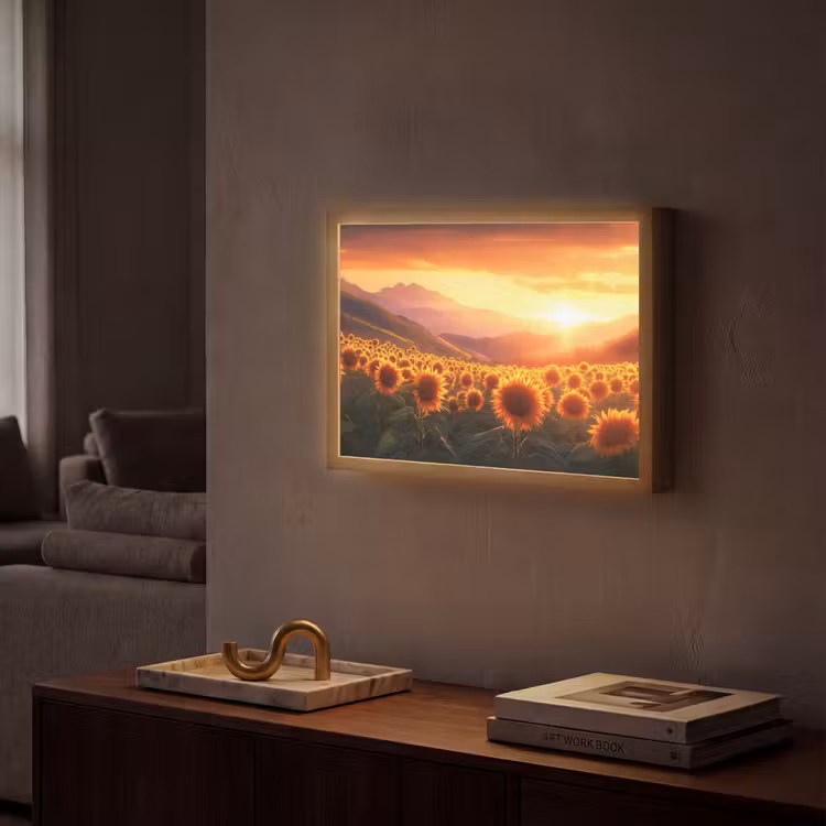 Zonnebloemen - Zonsondergang - Landschap Light Box met batterij (Wandlamp) middel -sfeer1
