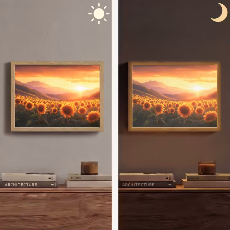 Zonnebloemen - Zonsondergang - Landschap Light Box met batterij (Wandlamp) middel -sfeer3