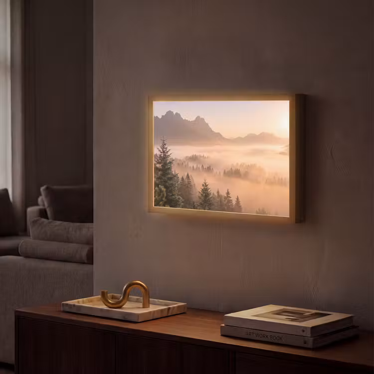Zonlicht - Mist - Bergen - Bomen Light Box met batterij (Wandlamp) middel -sfeer1
