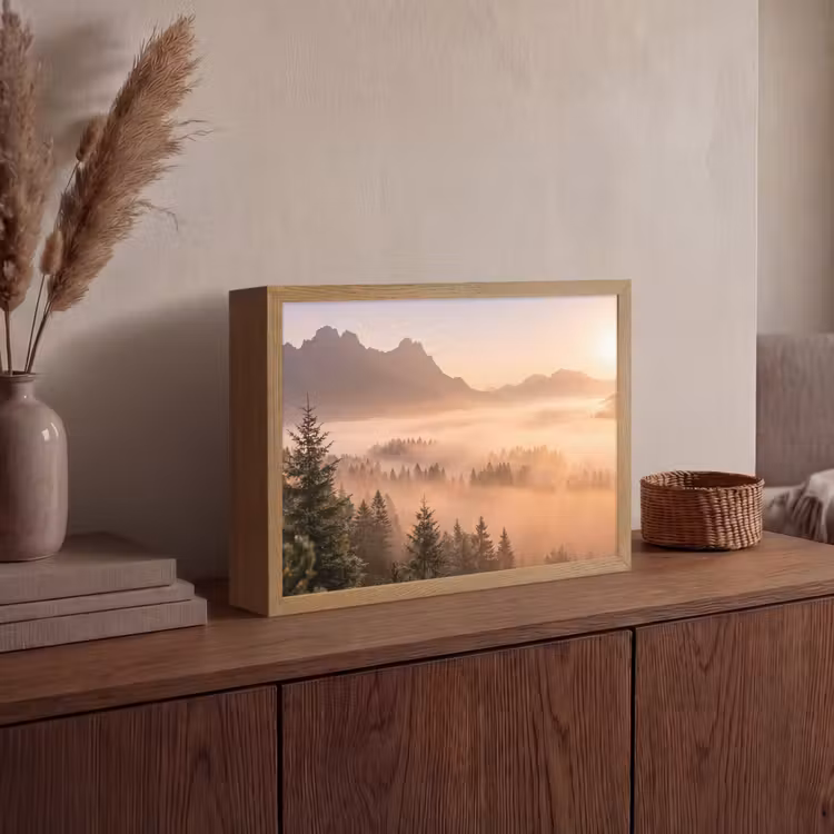 Zonlicht - Mist - Bergen - Bomen Light Box met batterij (Wandlamp) middel -sfeer2