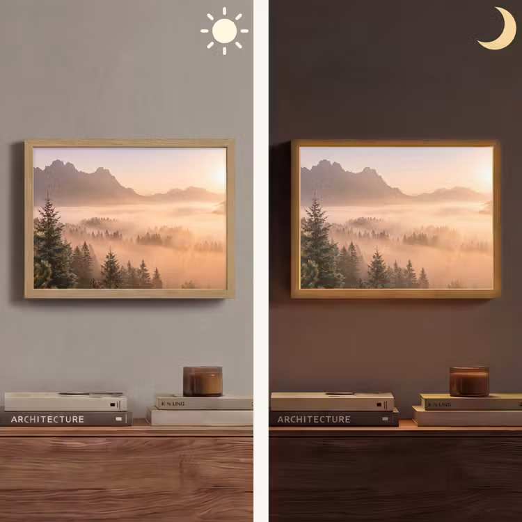 Zonlicht - Mist - Bergen - Bomen Light Box met batterij (Wandlamp) middel -sfeer3