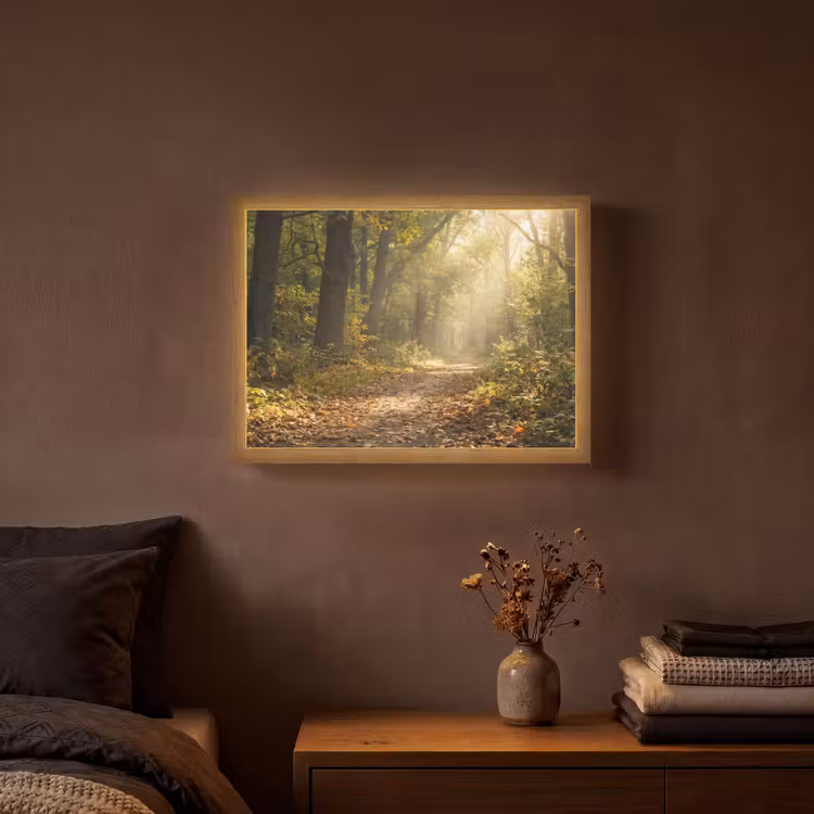 Zonlicht - Bospad - Bomen Light Box met batterij (Wandlamp) middel -sfeer4