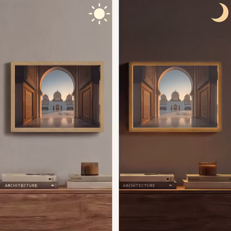 Zonsopkomst - Witte koepels - Plein - Moskee Light Box met batterij (Wandlamp) middel -sfeer3
