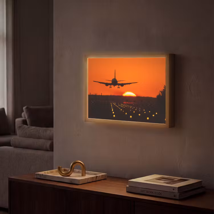 Zonsondergang - Vliegtuig - Oranje - Zon Light Box met batterij (Wandlamp) middel -sfeer1