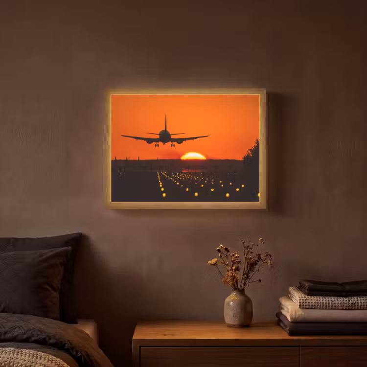 Zonsondergang - Vliegtuig - Oranje - Zon Light Box met batterij (Wandlamp) middel -sfeer4