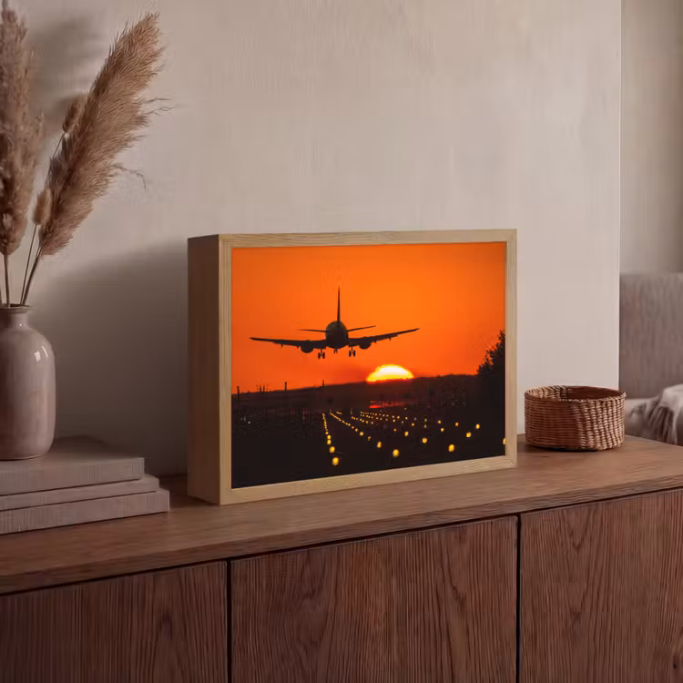 Zonsondergang - Vliegtuig - Oranje - Zon Light Box met batterij (Wandlamp) middel -sfeer2