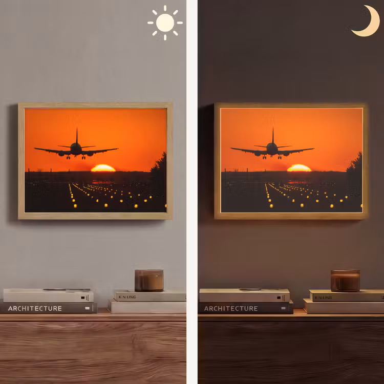 Zonsondergang - Vliegtuig - Oranje - Zon Light Box met batterij (Wandlamp) middel -sfeer3