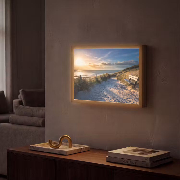 Zonsondergang - Strand - Duin - Gras - Bank Light Box met batterij (Wandlamp) middel -sfeer1