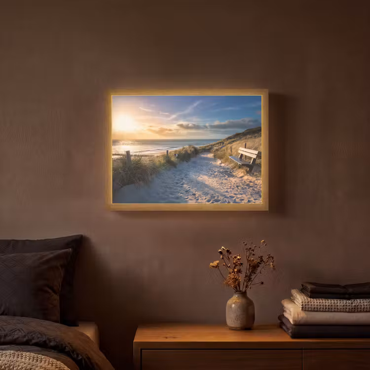 Zonsondergang - Strand - Duin - Gras - Bank Light Box met batterij (Wandlamp) middel -sfeer4