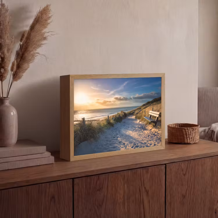 Zonsondergang - Strand - Duin - Gras - Bank Light Box met batterij (Wandlamp) middel -sfeer2