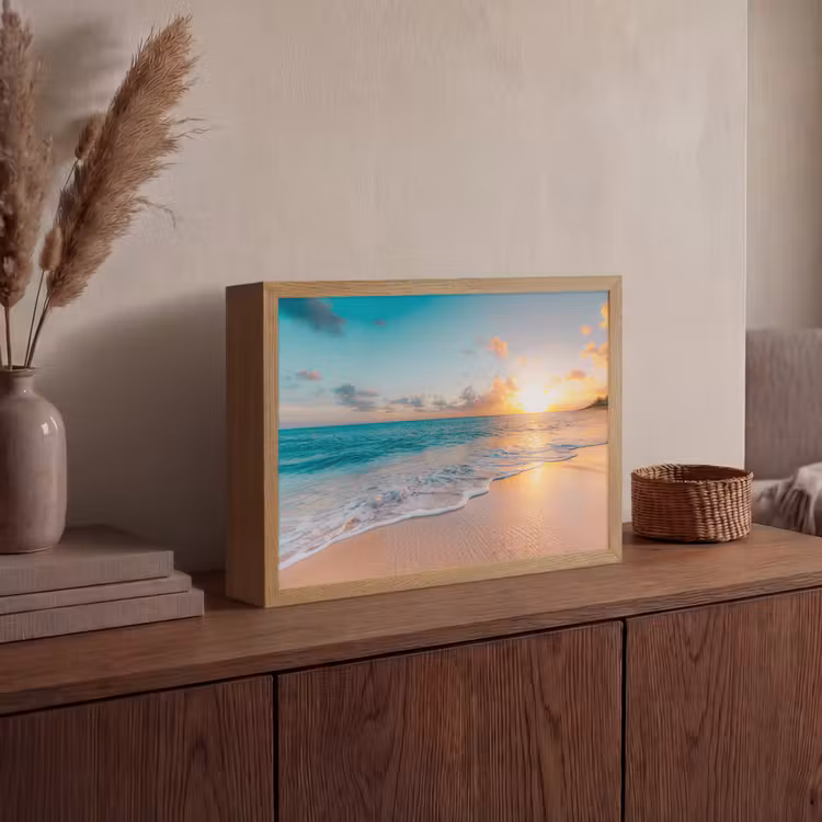 Zonsondergang - Strand - Zee - Zomer - Blauw Light Box met batterij (Wandlamp) middel -sfeer2