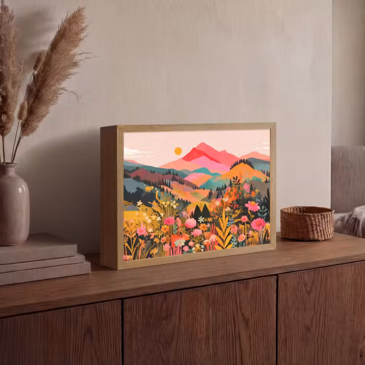 Zonsondergang - Bergvallei - Contrast Light Box met batterij (Wandlamp) middel -sfeer2