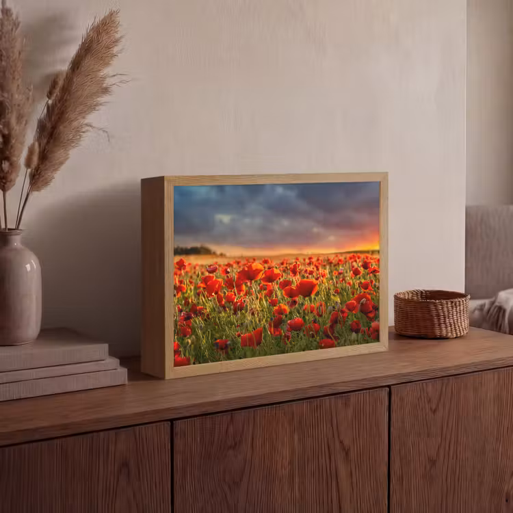 Zonsondergang - Klaprozen - Rood - Bloemen - Veld - Natuur Light Box met batterij (Wandlamp) middel -sfeer2