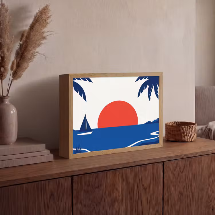 Zonsondergang - Zee - Palmboom - Tropisch - Modern Light Box met batterij (Wandlamp) middel -sfeer2