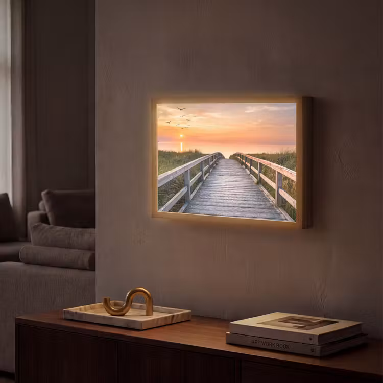 Zonsonderang - Zee - Pad - Gras - Duin - Vogels Light Box met batterij (Wandlamp) middel -sfeer1
