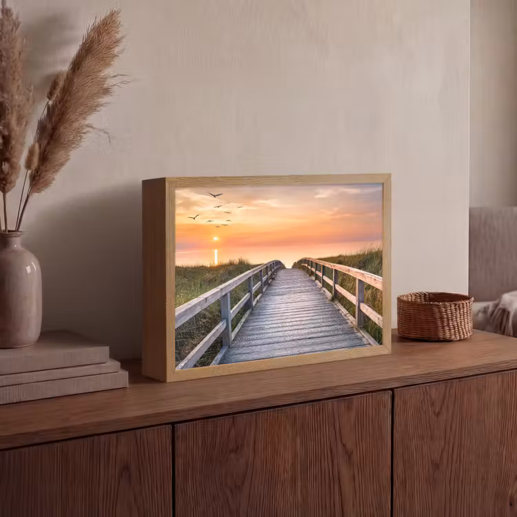 Zonsonderang - Zee - Pad - Gras - Duin - Vogels Light Box met batterij (Wandlamp) middel -sfeer2