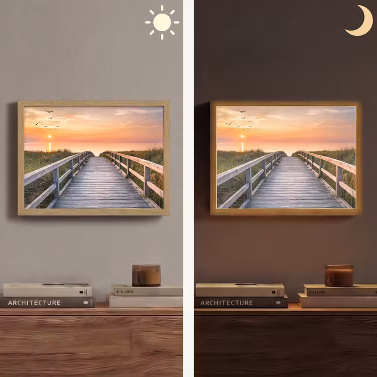 Zonsonderang - Zee - Pad - Gras - Duin - Vogels Light Box met batterij (Wandlamp) middel -sfeer3