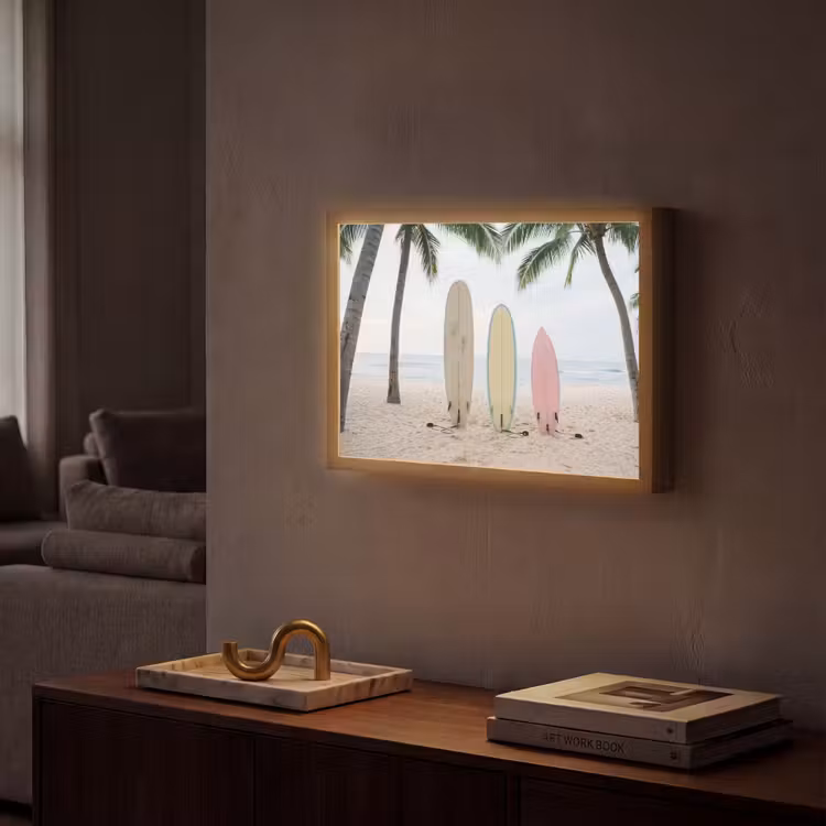 Surfboard - Palmbomen - Kleurrijk Light Box met batterij (Wandlamp) middel -sfeer1
