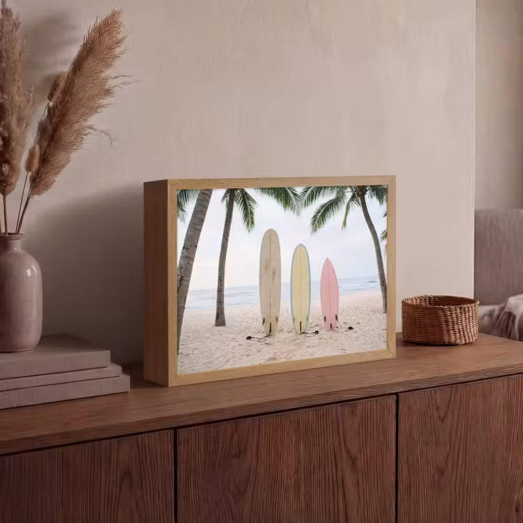 Surfboard - Palmbomen - Kleurrijk Light Box met batterij (Wandlamp) middel -sfeer2