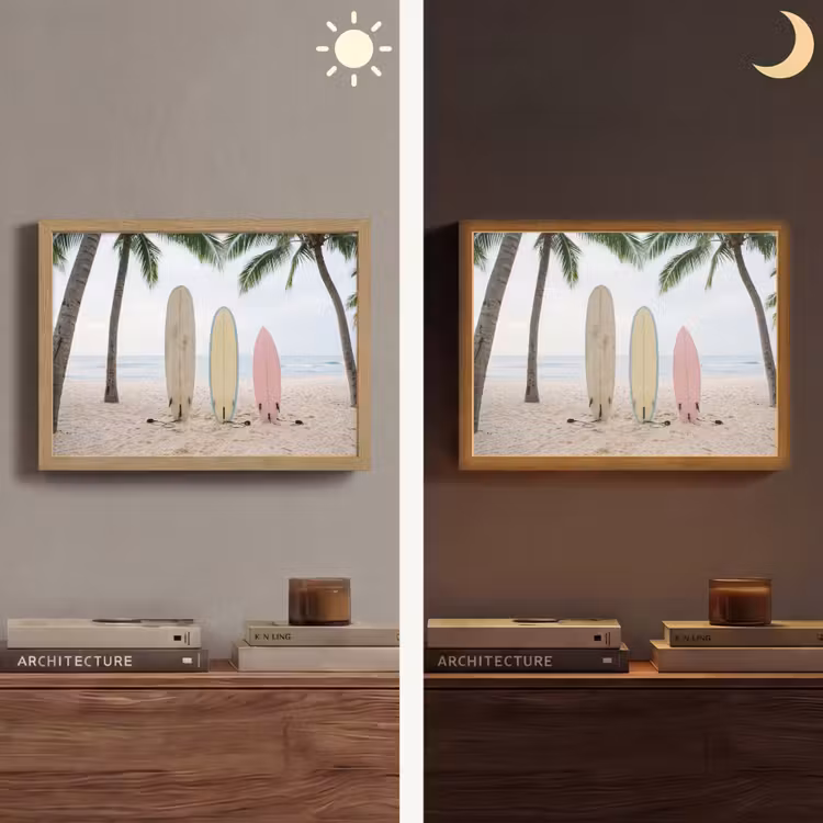 Surfboard - Palmbomen - Kleurrijk Light Box met batterij (Wandlamp) middel -sfeer3