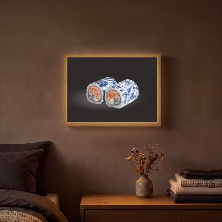 Sushi - Delfts blauw - Rijst - Vis - Elegant Light Box met batterij (Wandlamp) middel -sfeer4