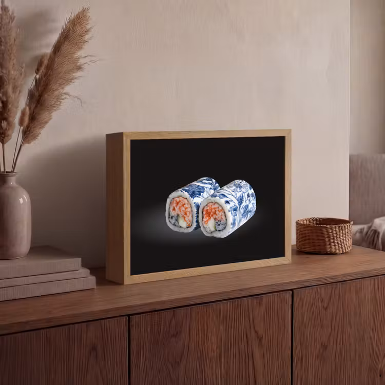 Sushi - Delfts blauw - Rijst - Vis - Elegant Light Box met batterij (Wandlamp) middel -sfeer2
