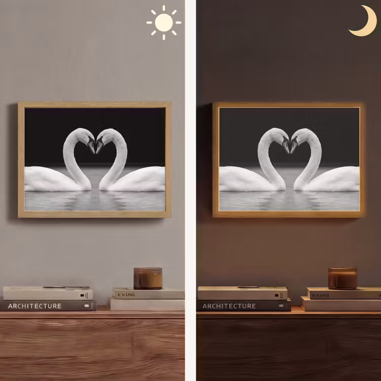 Zwanen - Hart - Zwart - Wit Light Box met batterij (Wandlamp) middel -sfeer3