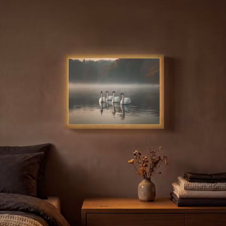 Zwanen - Wit - Water - Mist Light Box met batterij (Wandlamp) middel -sfeer4