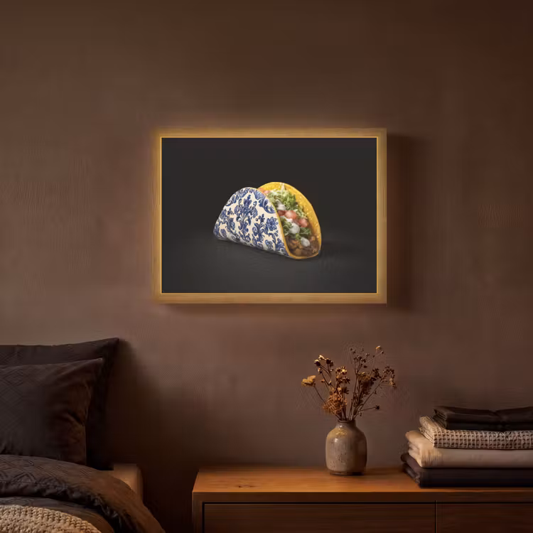 Taco - Vlees - Salade - Delftsblauw - Motief Light Box met batterij (Wandlamp) middel -sfeer4