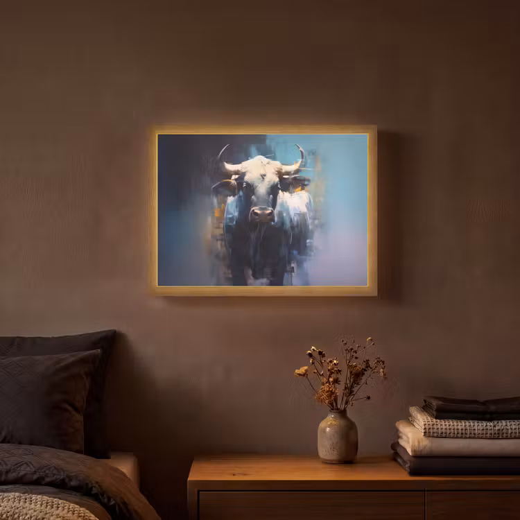 Stier - Zwart - Abstract - Horens Light Box met batterij (Wandlamp) middel -sfeer4